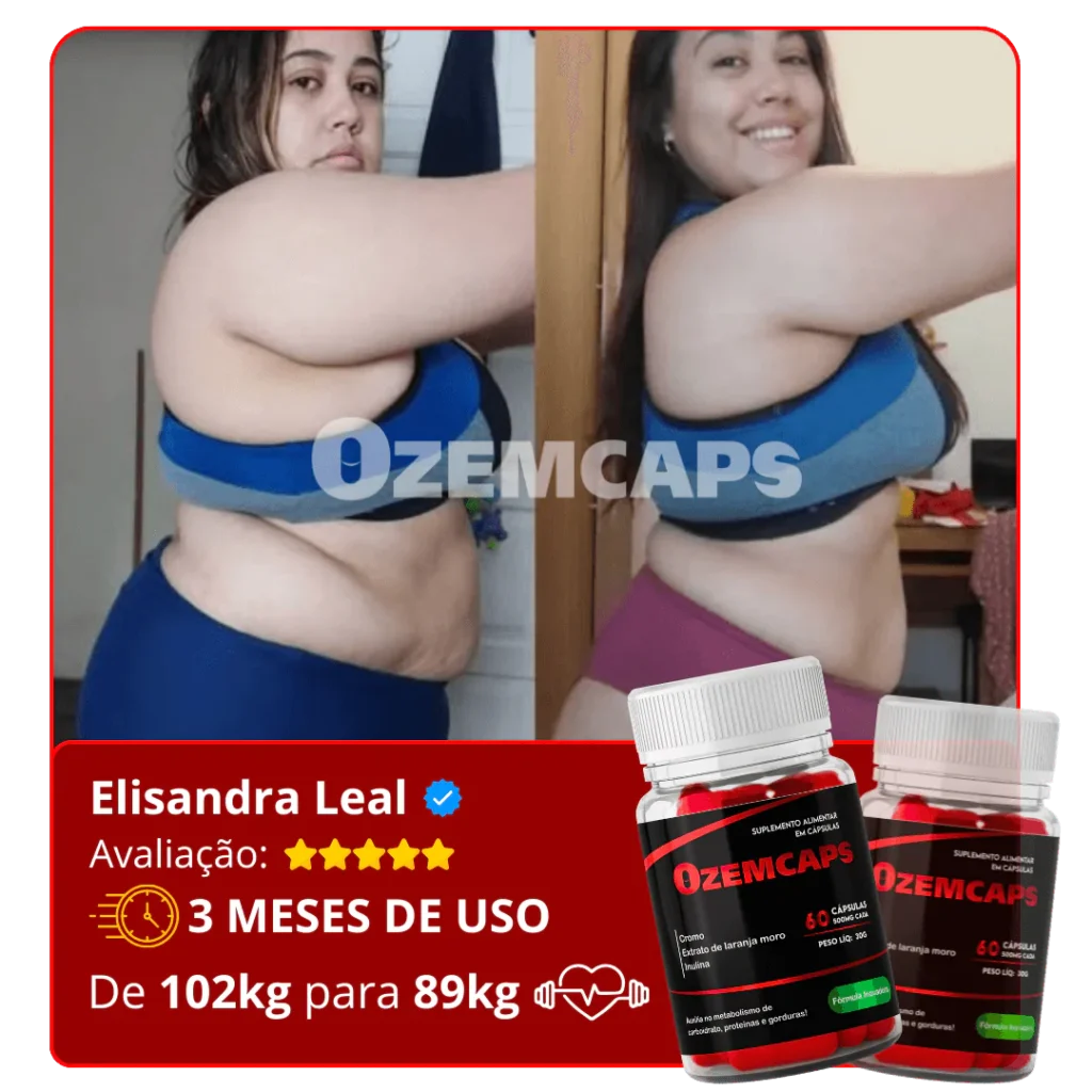 Cliente Elisandra Leal, que emagreceu com OzenCaps, mostrando resultados reais e saudáveis após usar as cápsulas naturais para perda de peso