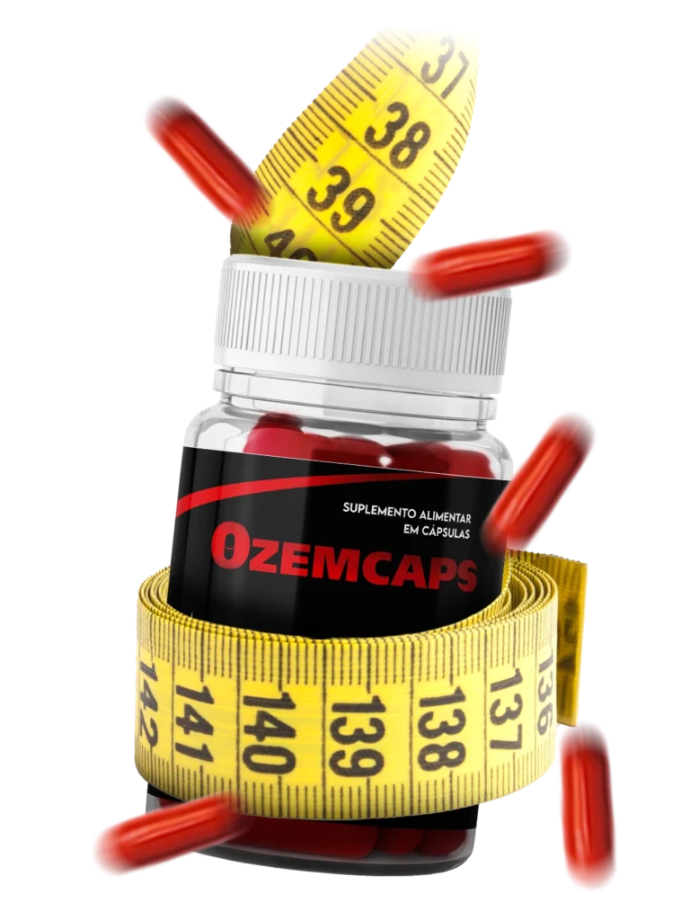 Pote de OzenCaps com fita métrica ao redor, simbolizando a eficácia comprovada das cápsulas naturais no emagrecimento saudável